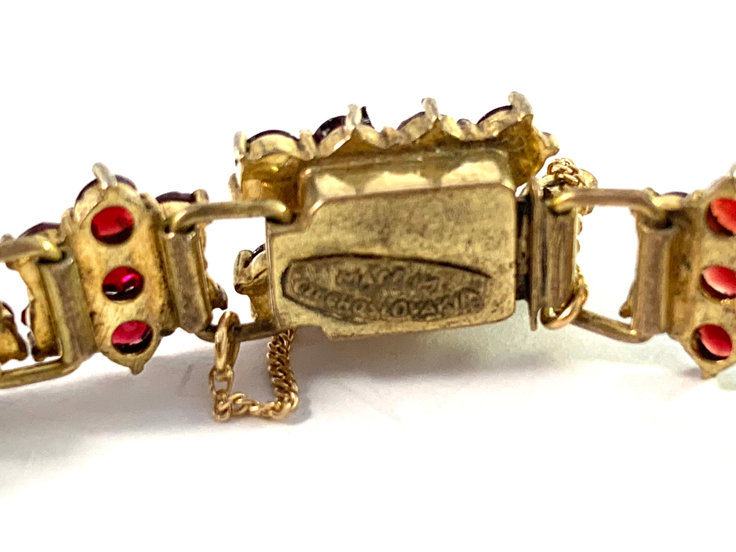 Signed Czechoslovakia, Antique early 1900s Bohemian Garnet Gilt Metal Bracelet.