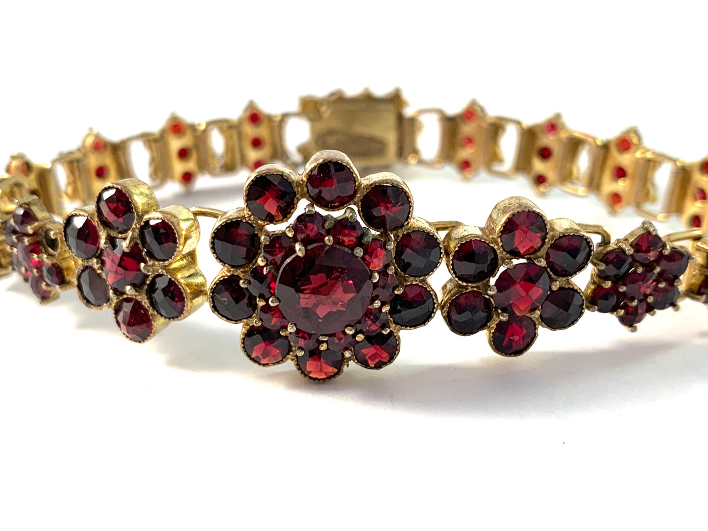 Signed Czechoslovakia, Antique early 1900s Bohemian Garnet Gilt Metal Bracelet.