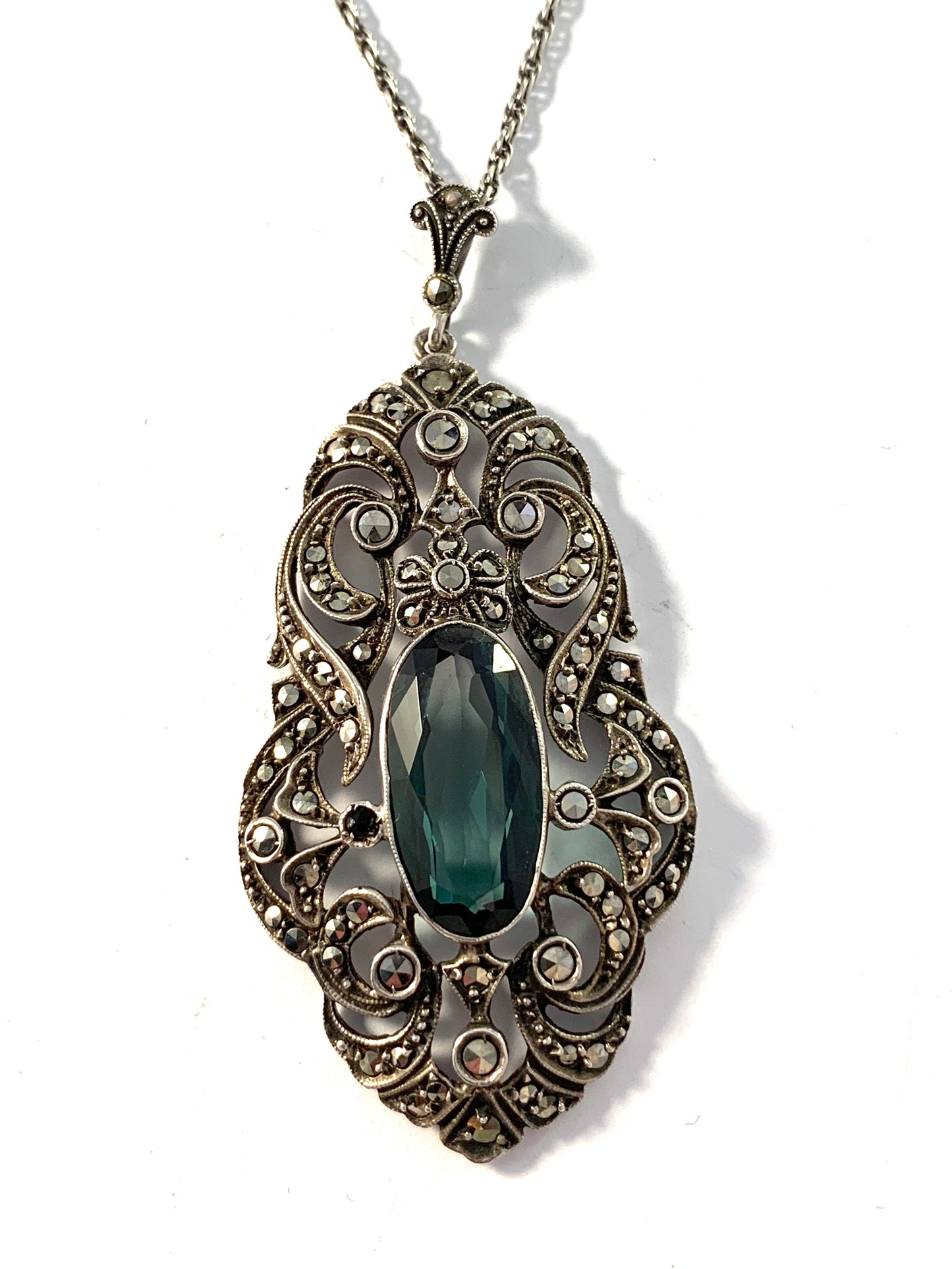 Germany / Austria early 1900s Solid Silver Marcasite Dark Forest Green Paste Large Pendant Necklace