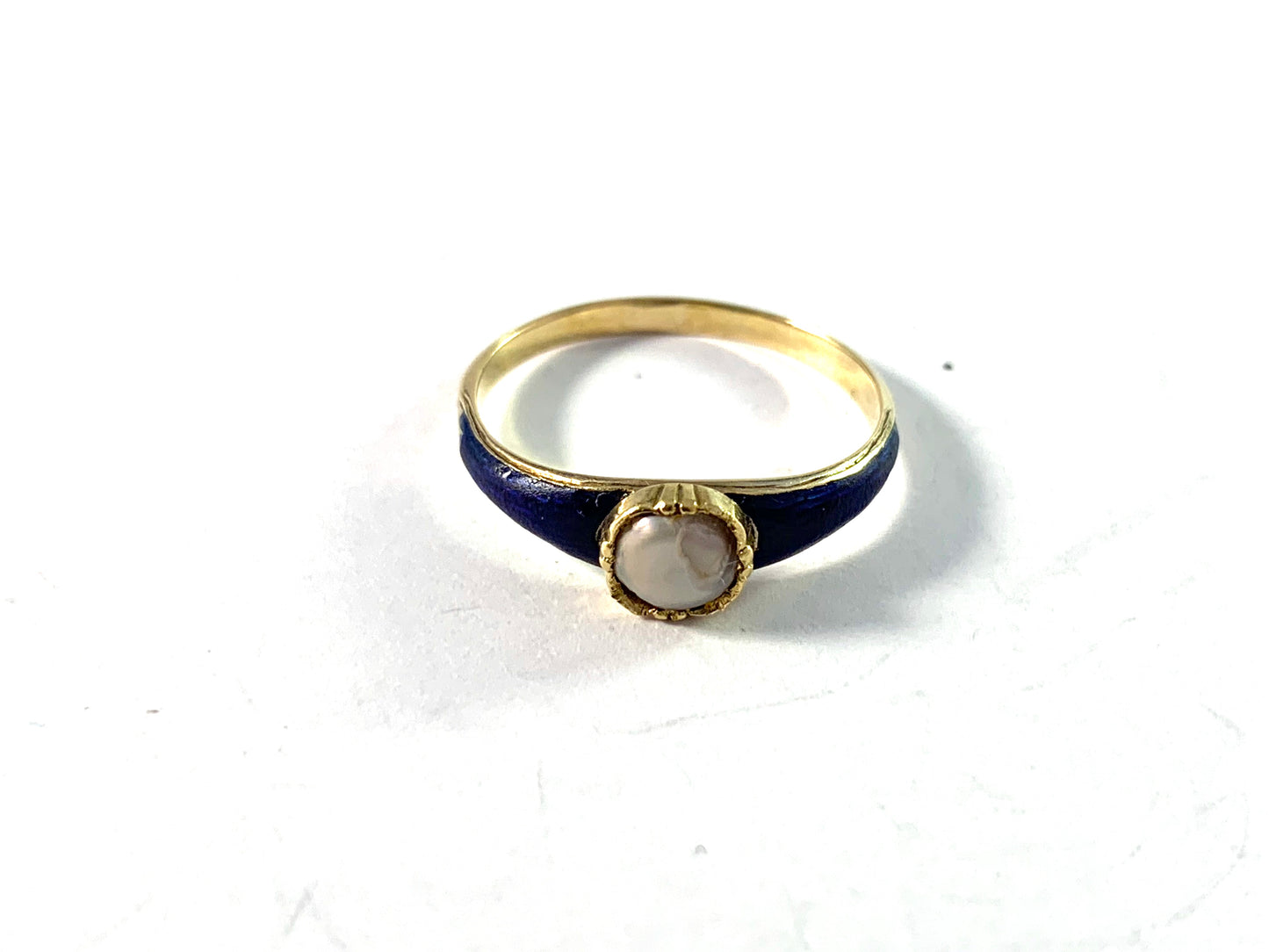 Gustaf Dahlgren, Sweden 1852 Victorian 18k Gold Pearl Enamel Ring.