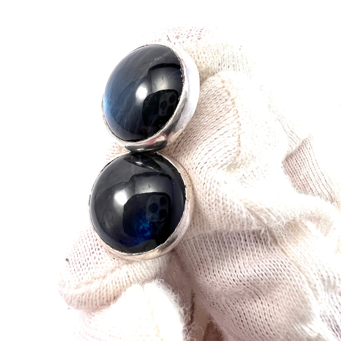 Toivo V. Toukonen for Kalevala Koru Finland 1957. Vintage Solid Silver Spectrolite Large Stud Earrings