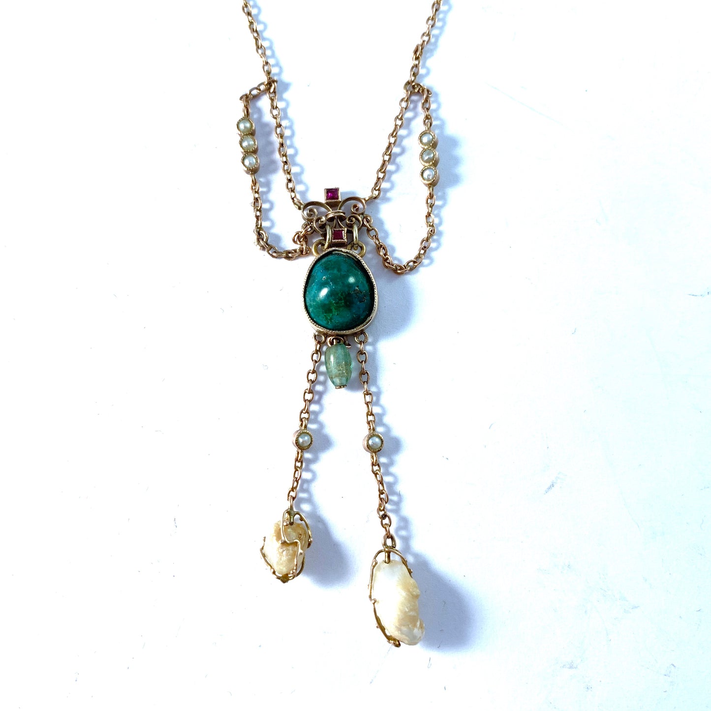 Antique Edwardian 9k Gold Turquoise Tourmaline Pearl Negligee Necklace.