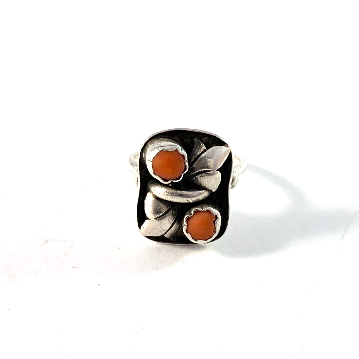 Germany early 1900s Solid 900 Silver Coral Ring.