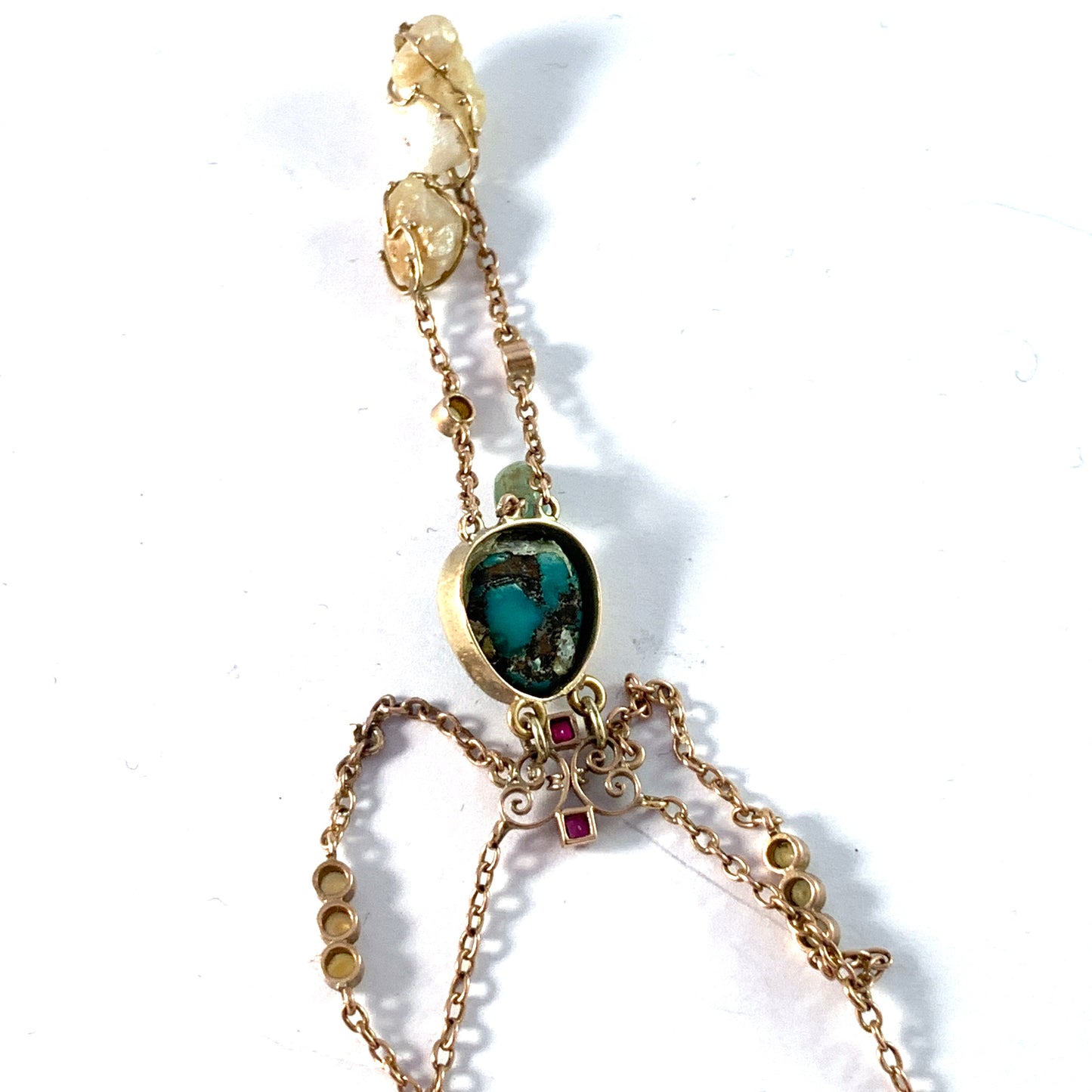 Antique Edwardian 9k Gold Turquoise Tourmaline Pearl Negligee Necklace.