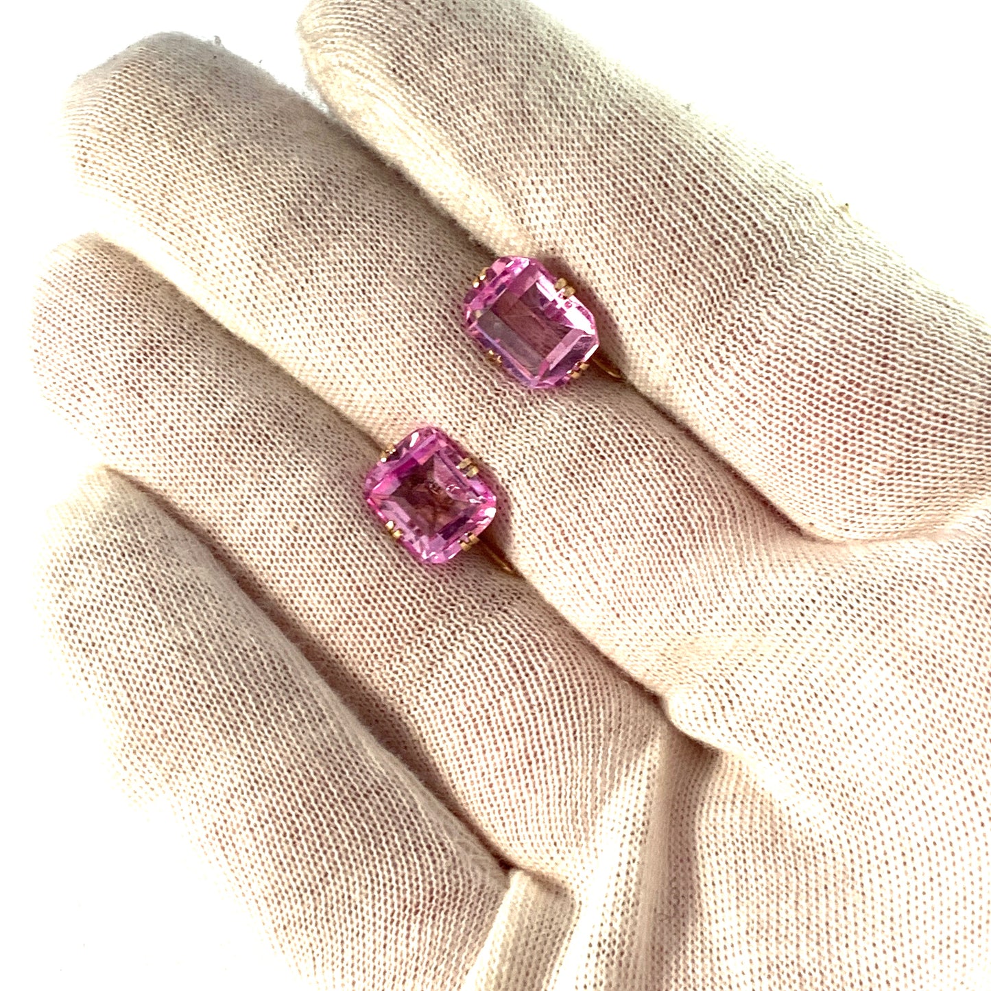 Vintage Mid Century 14k Gold Pink Synthetic Sapphire Earrings.