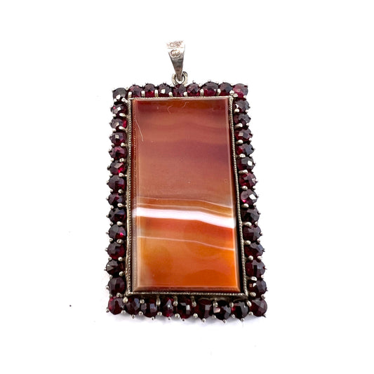 Maker MK, Germany/Austria early 1900s. Solid Silver Agate Bohemian Garnet Large Pendant.