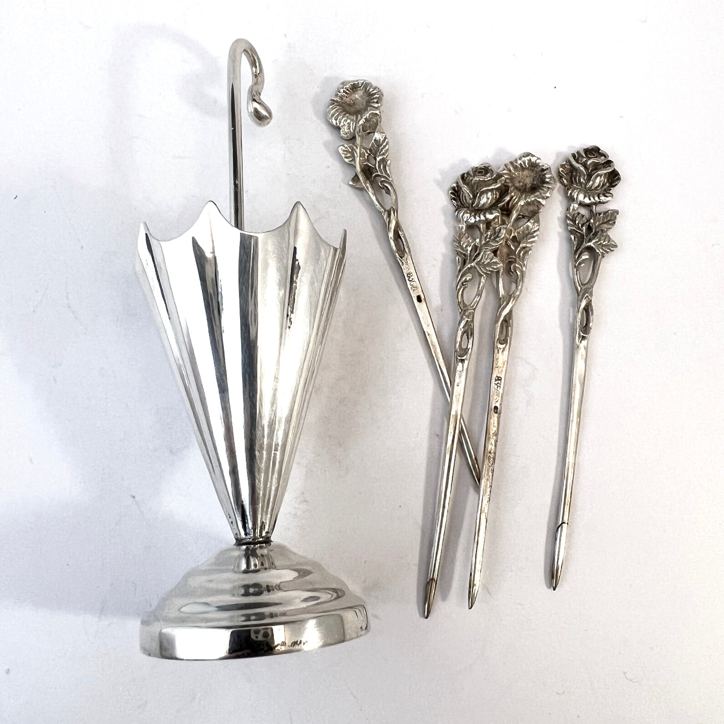 Germany c 1950s. Solid Silver Cocktail Olive Sticks Plus Stand