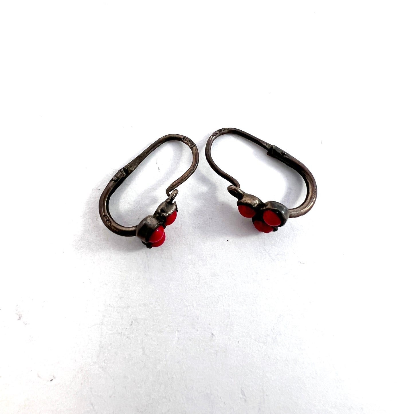 Antique c year 1900. Solid Silver Red Paste Earrings.