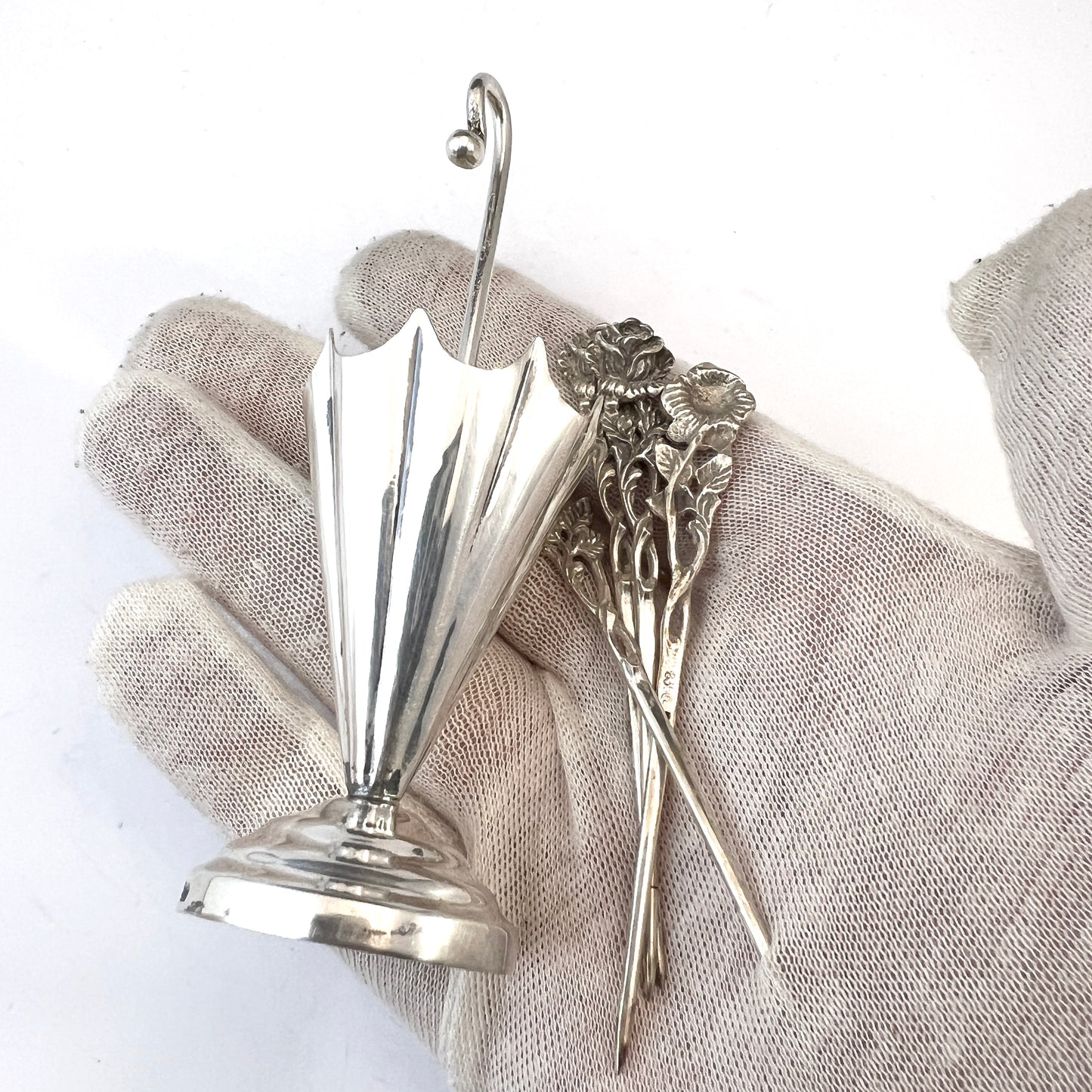 Germany c 1950s. Solid Silver Cocktail Olive Sticks Plus Stand