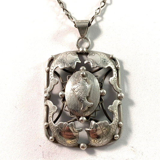 Erikson & Kromann, Denmark 1950s Silver Fish Pendant Necklace.