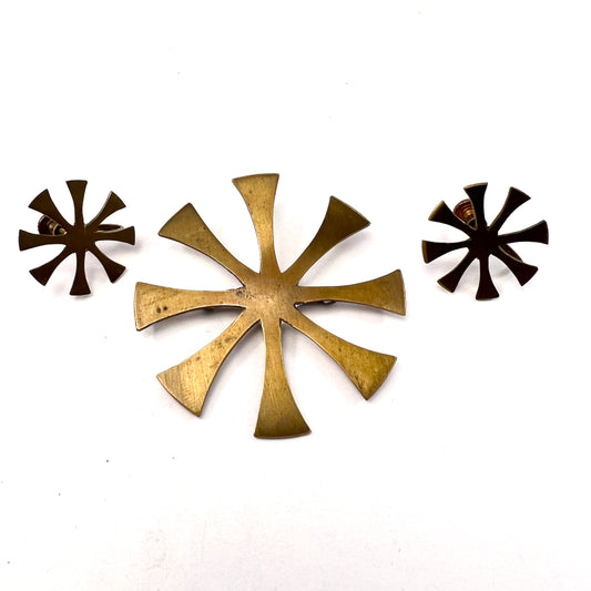 Peggy Miller, USA 1950-60s. Signed Brass Brooch and Earrings.