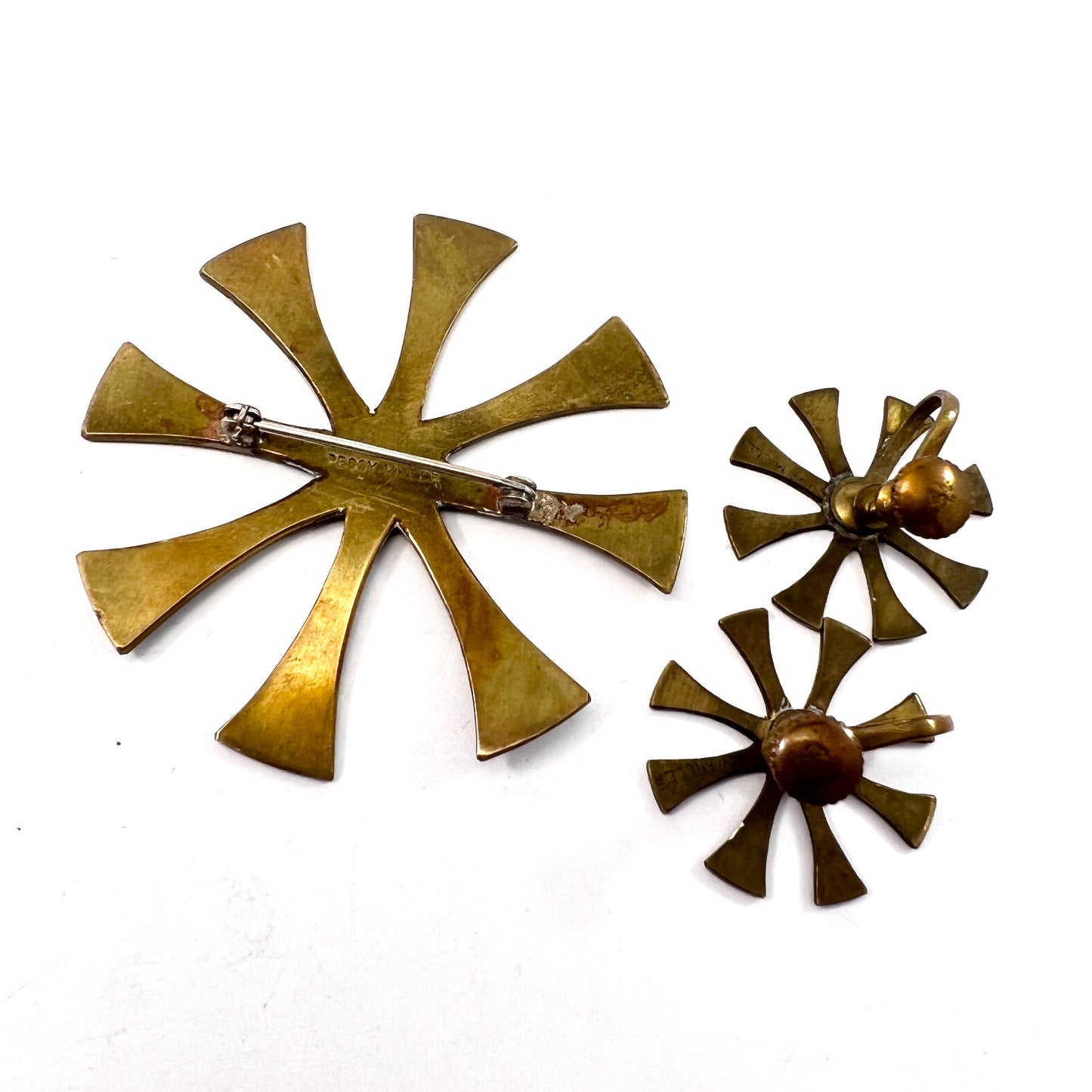 Peggy Miller, USA 1950-60s. Signed Brass Brooch and Earrings.