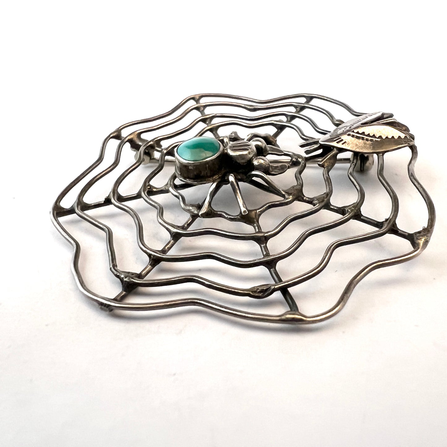 Vintage Solid Silver Spider With Fly Brooch.
