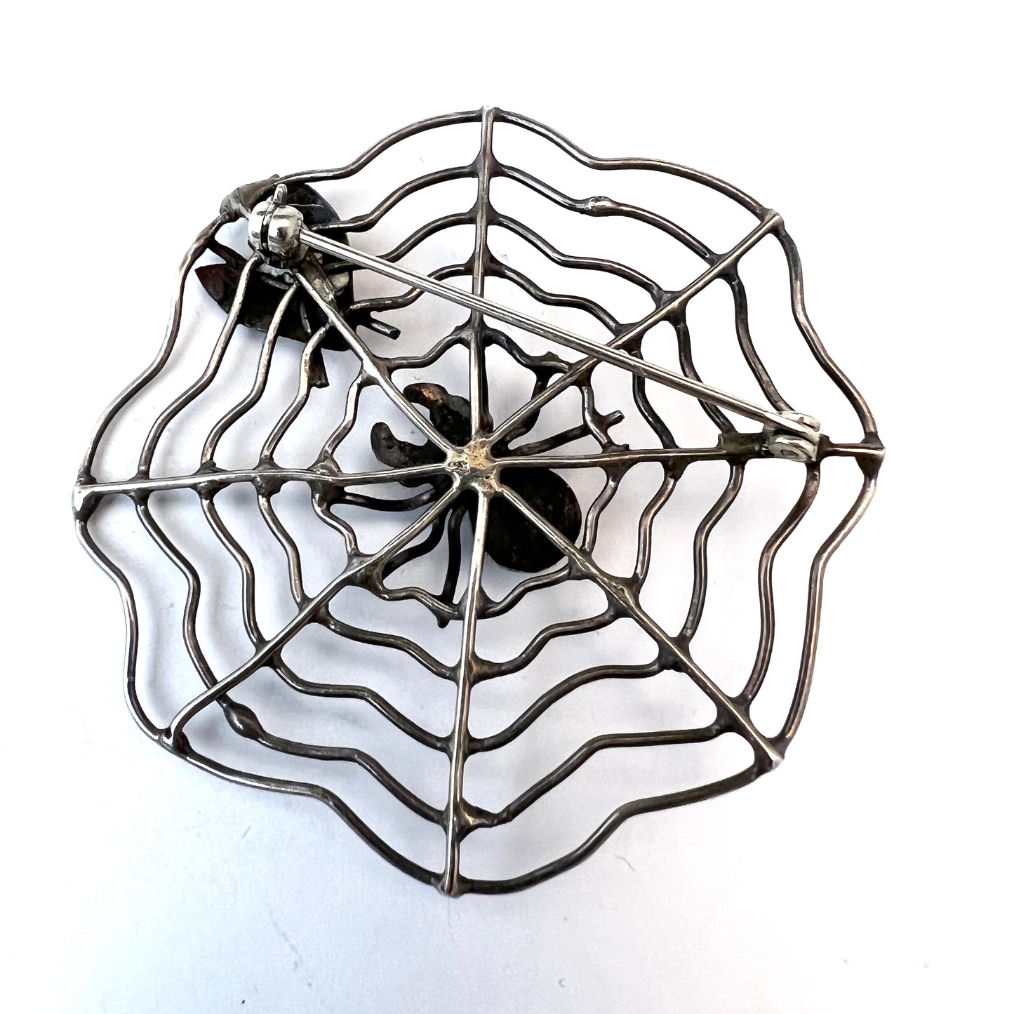 Vintage Solid Silver Spider With Fly Brooch.