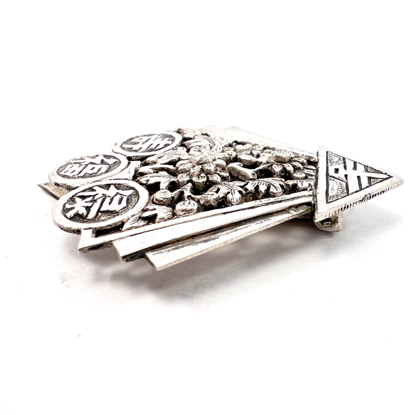 Indochina 1920-30s Art Deco Solid Silver Fur Clip Brooch.