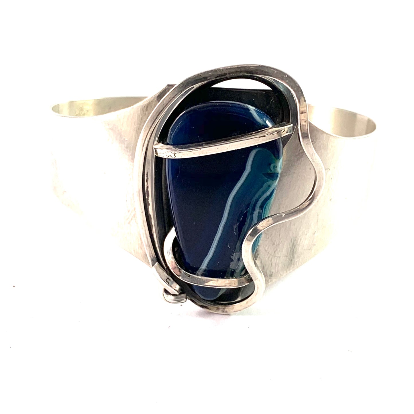 Otto Robert Bade, c 1960s Modernist Sterling Silver Agate Cuff Bangle Bracelet.