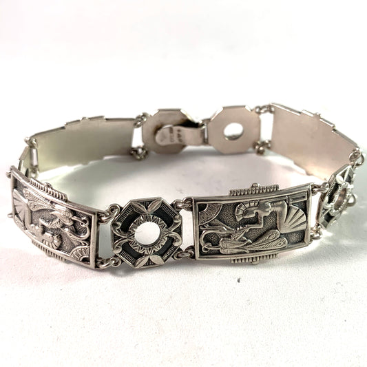 Matsilver, Sweden 1947 Mid Century Egyptian Revival Silver Bracelet.