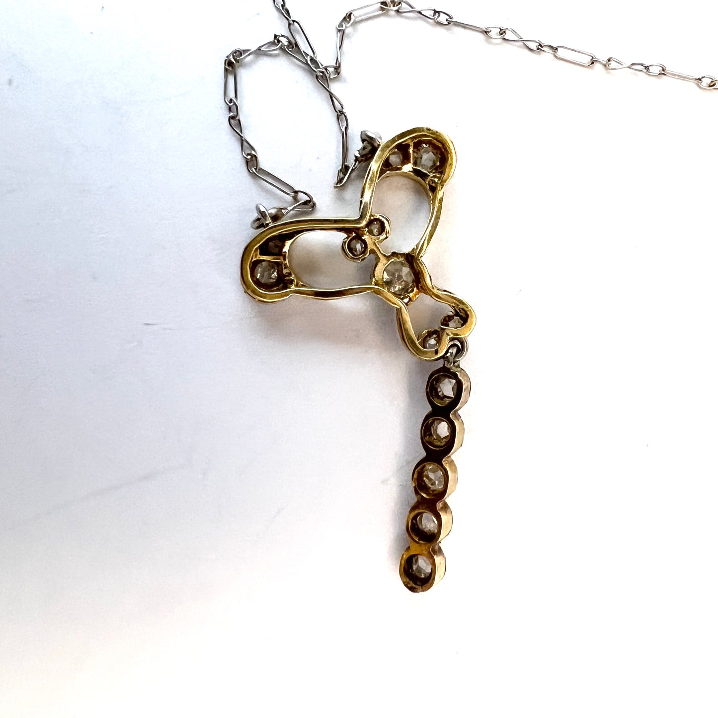 France c 1900. Belle Époque Platinum 18k Gold Diamond Pendant Necklace.