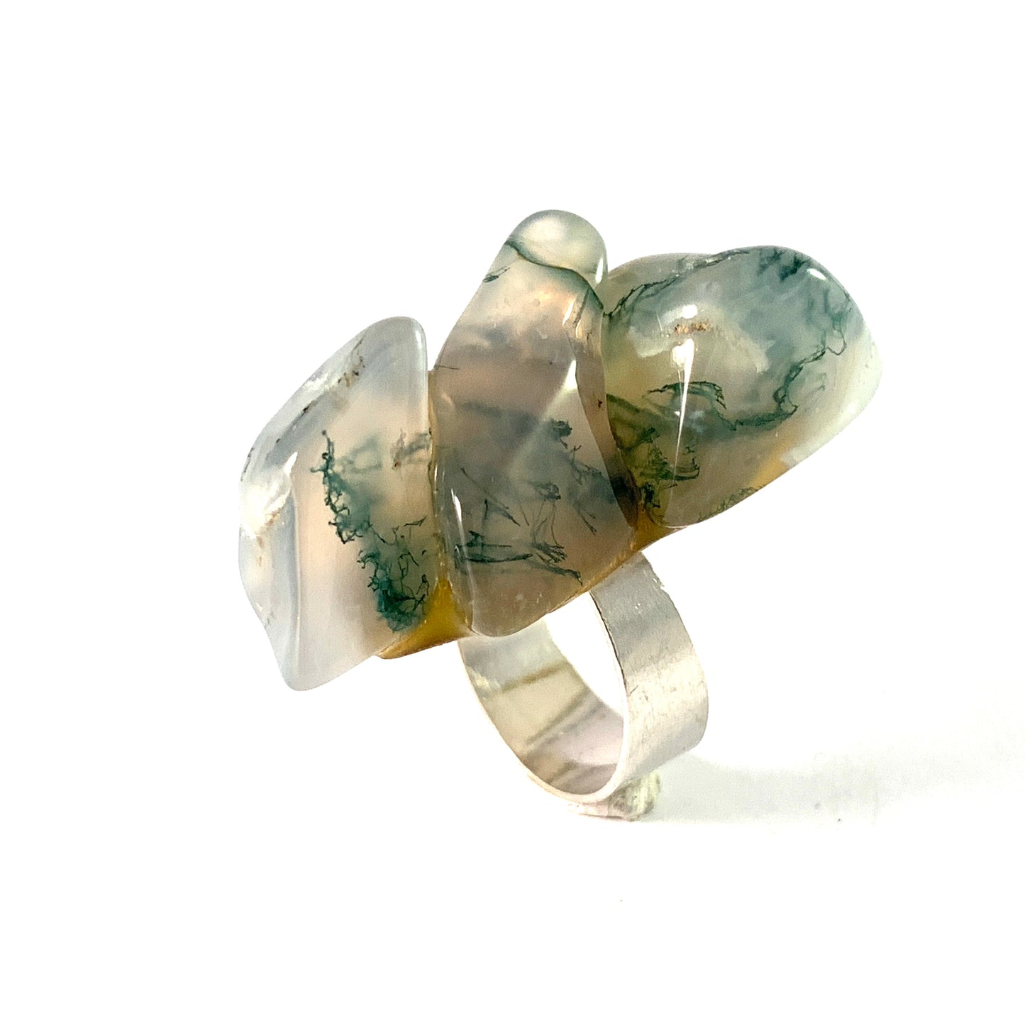 Svedbom, Sweden 1969. Sterling Silver Large Moss Agate Ring.