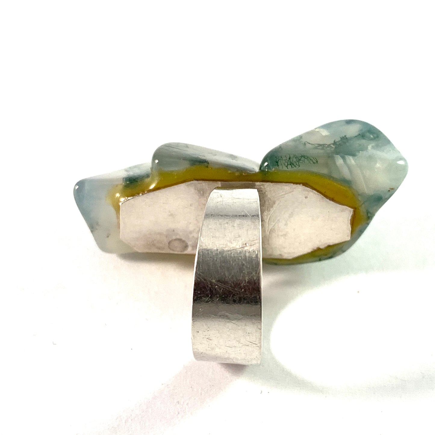 Svedbom, Sweden 1969. Sterling Silver Large Moss Agate Ring.