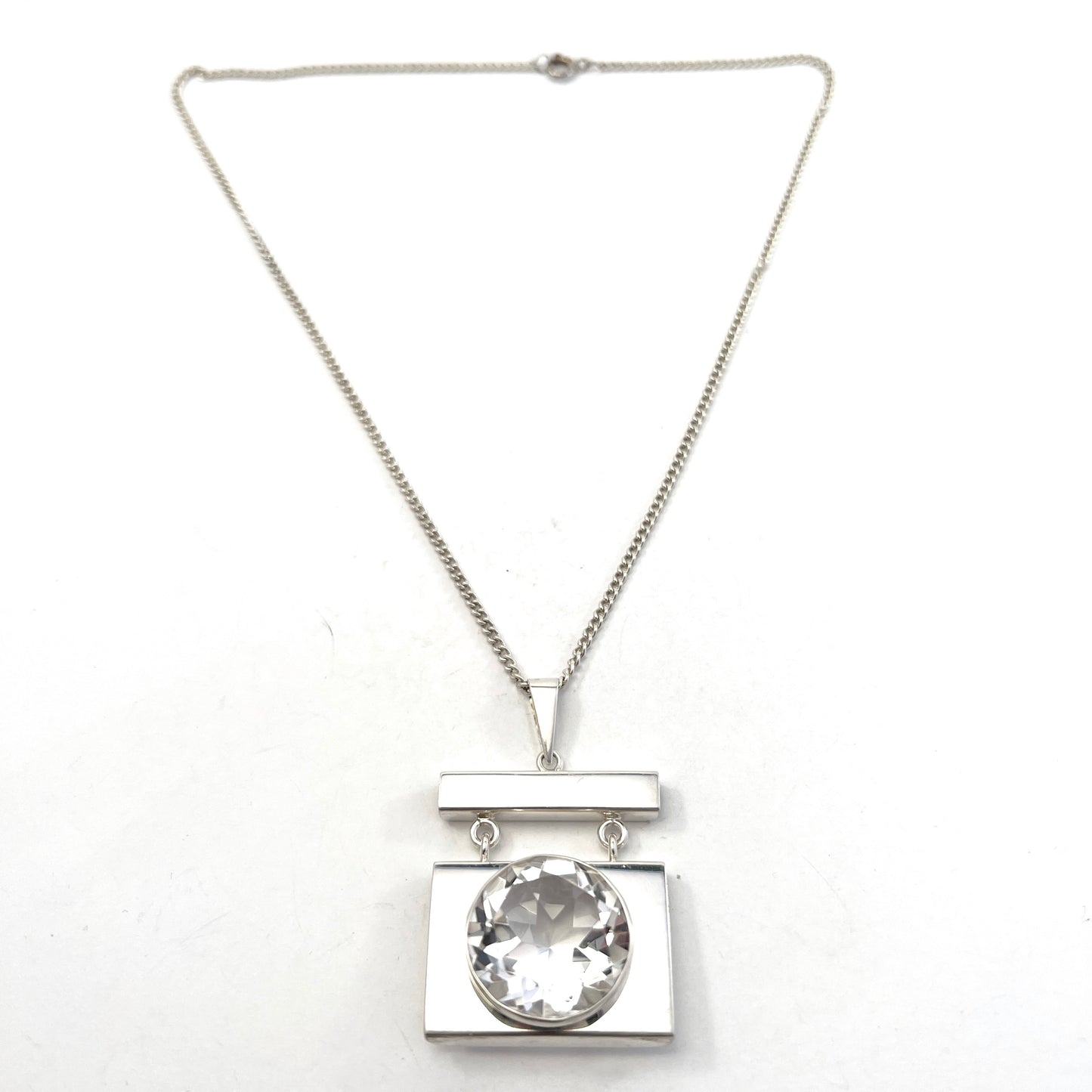 Maker A/K, Finland 1970s. Vintage Modernist Solid Silver Large Rock Crystal Pendant Necklace.