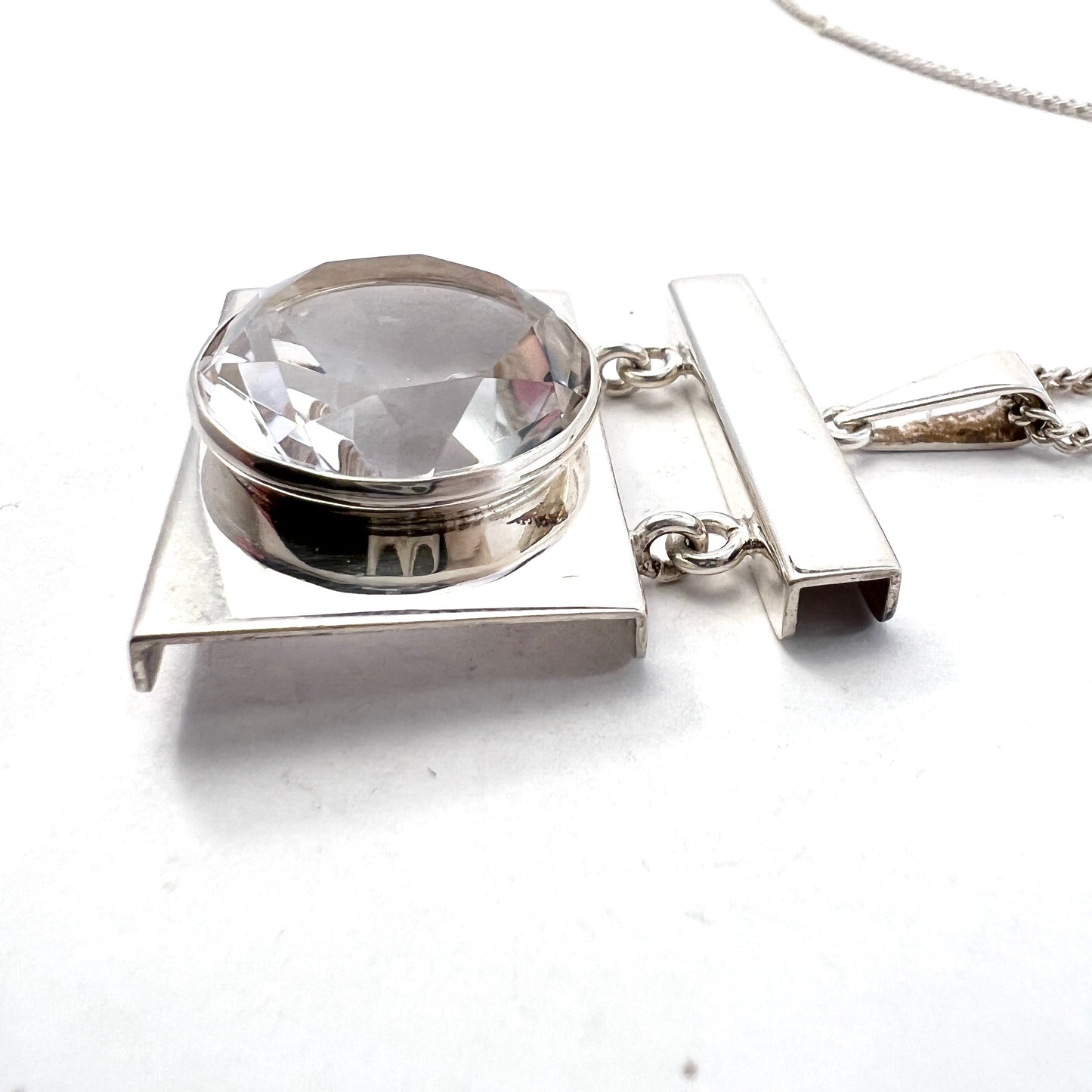 Maker A/K, Finland 1970s. Vintage Modernist Solid Silver Large Rock Crystal Pendant Necklace.