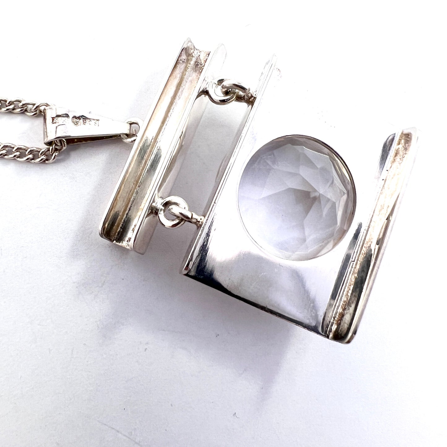 Maker A/K, Finland 1970s. Vintage Modernist Solid Silver Large Rock Crystal Pendant Necklace.