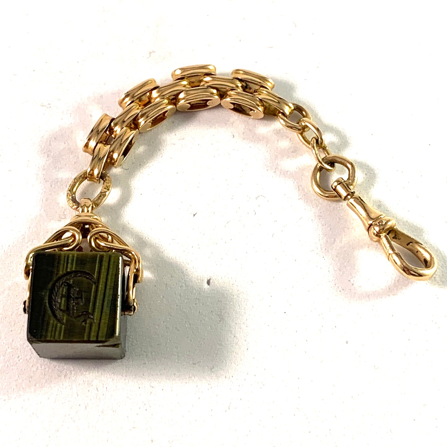 Anna Braeses, Sweden 1911 Antique 18k Gold Seal Fob Pocket Chain. Letter E