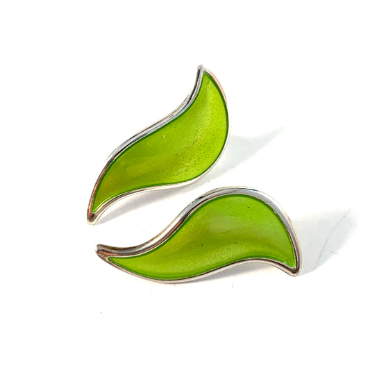 David Andersen, Designer Synnøve Korssjøen, Norway Sterling Silver Lime Green Enamel Large Stud Earrings