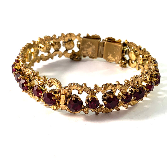 Antique c 1900 Bohemian Garnet Gilt Metal Open / Close Bangle Bracelet.