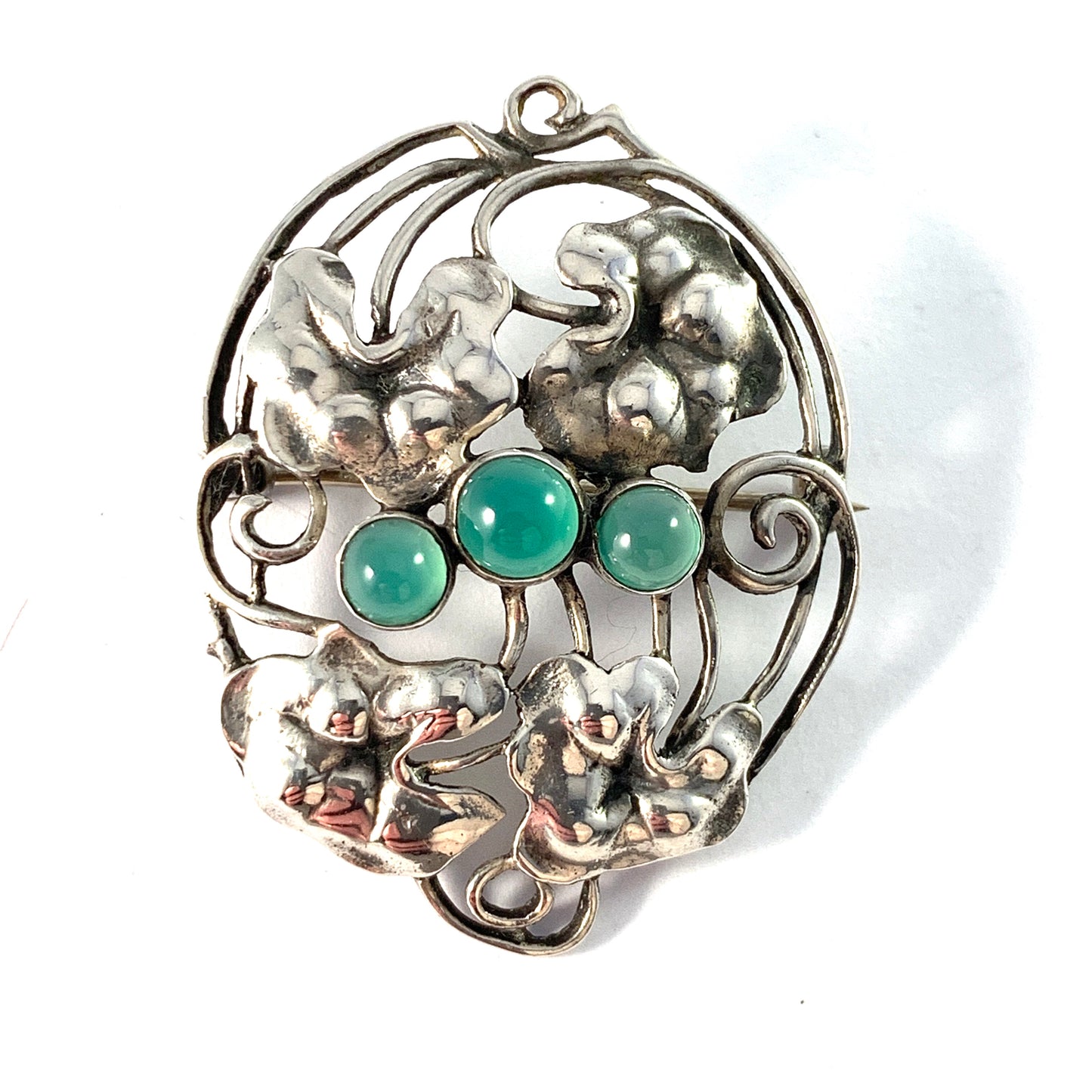 Germany. Antique Art Nouveau 900 Silver Chrysoprase Brooch.