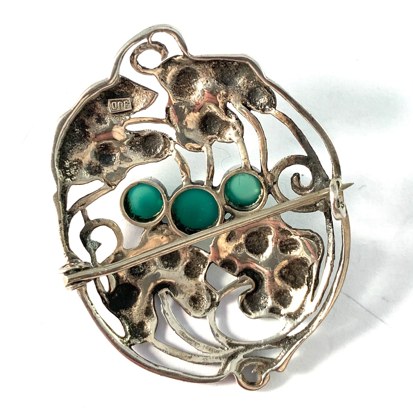 Germany. Antique Art Nouveau 900 Silver Chrysoprase Brooch.