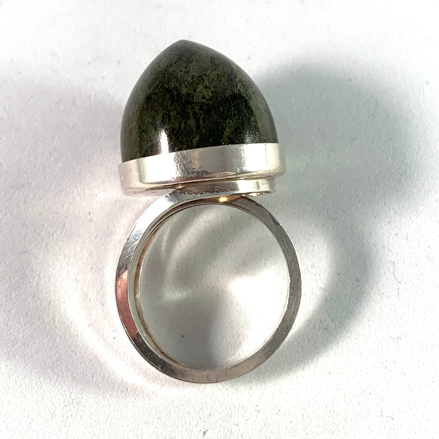 Stenlya, Sweden 1968 Bold Sterling Dark Green Hardstone Ring.