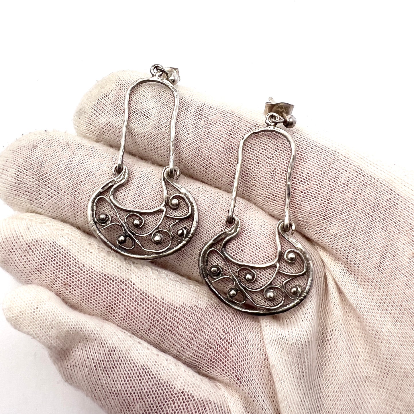 Bengt Hallberg, Sweden, Vintage Sterling Silver Large Viking Copy Earrings.