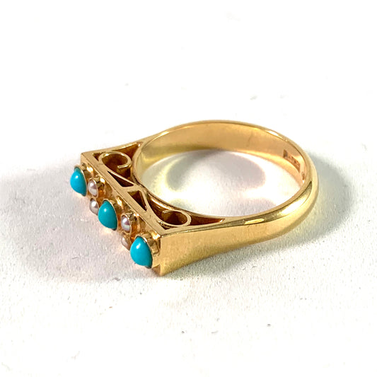 Michelsson, Stockholm year 1953 Mid Century 18k Gold Turquoise Seed Pearl Ring.