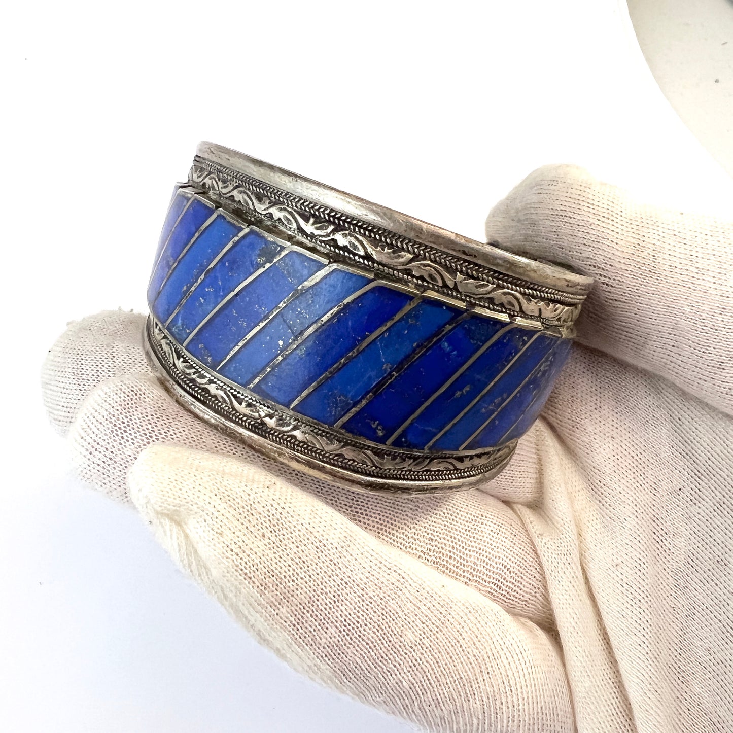 Vintage Chunky Solid Silver Lapis Lazuli Cuff Bracelet.