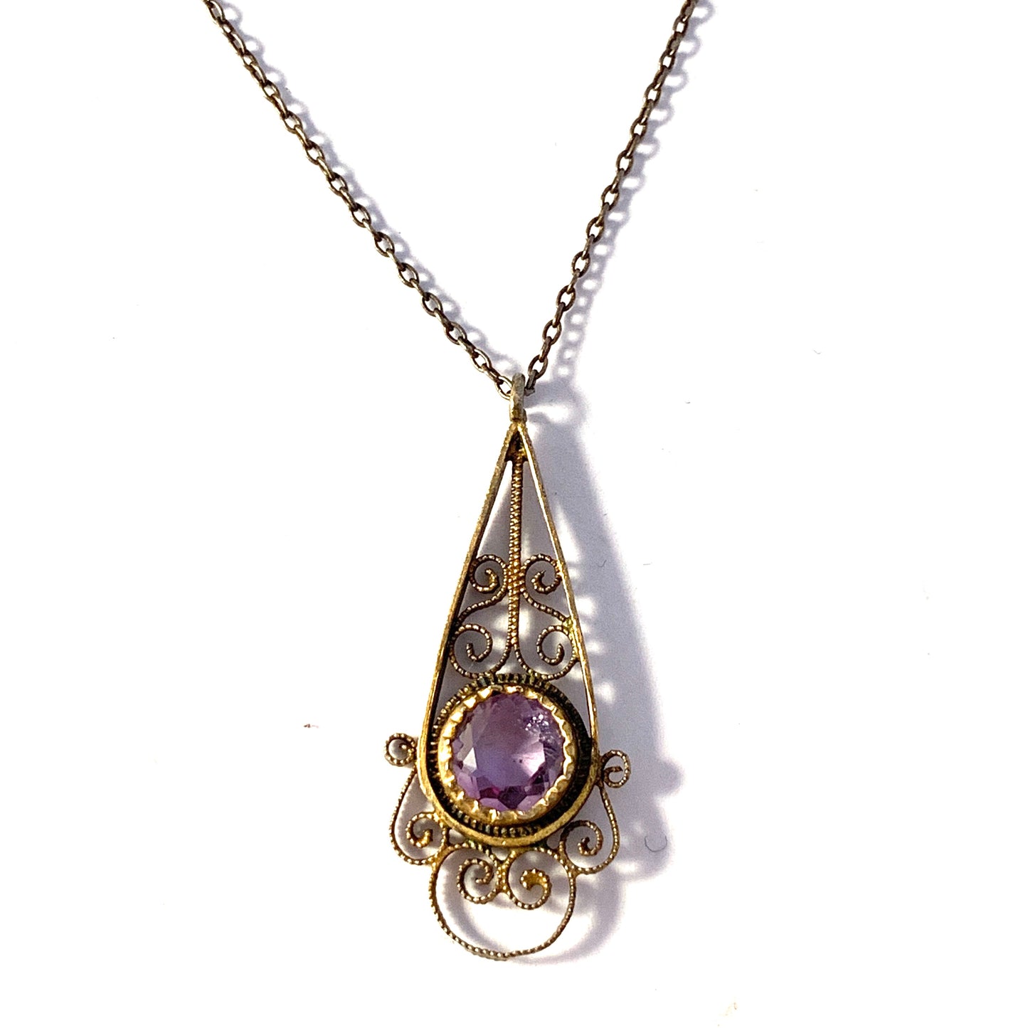 Germany early 1900s Gilt 835 Silver Amethyst Pendant Necklace.