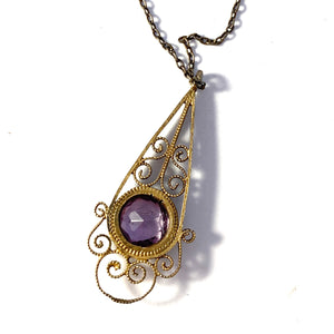 Germany early 1900s Gilt 835 Silver Amethyst Pendant Necklace.