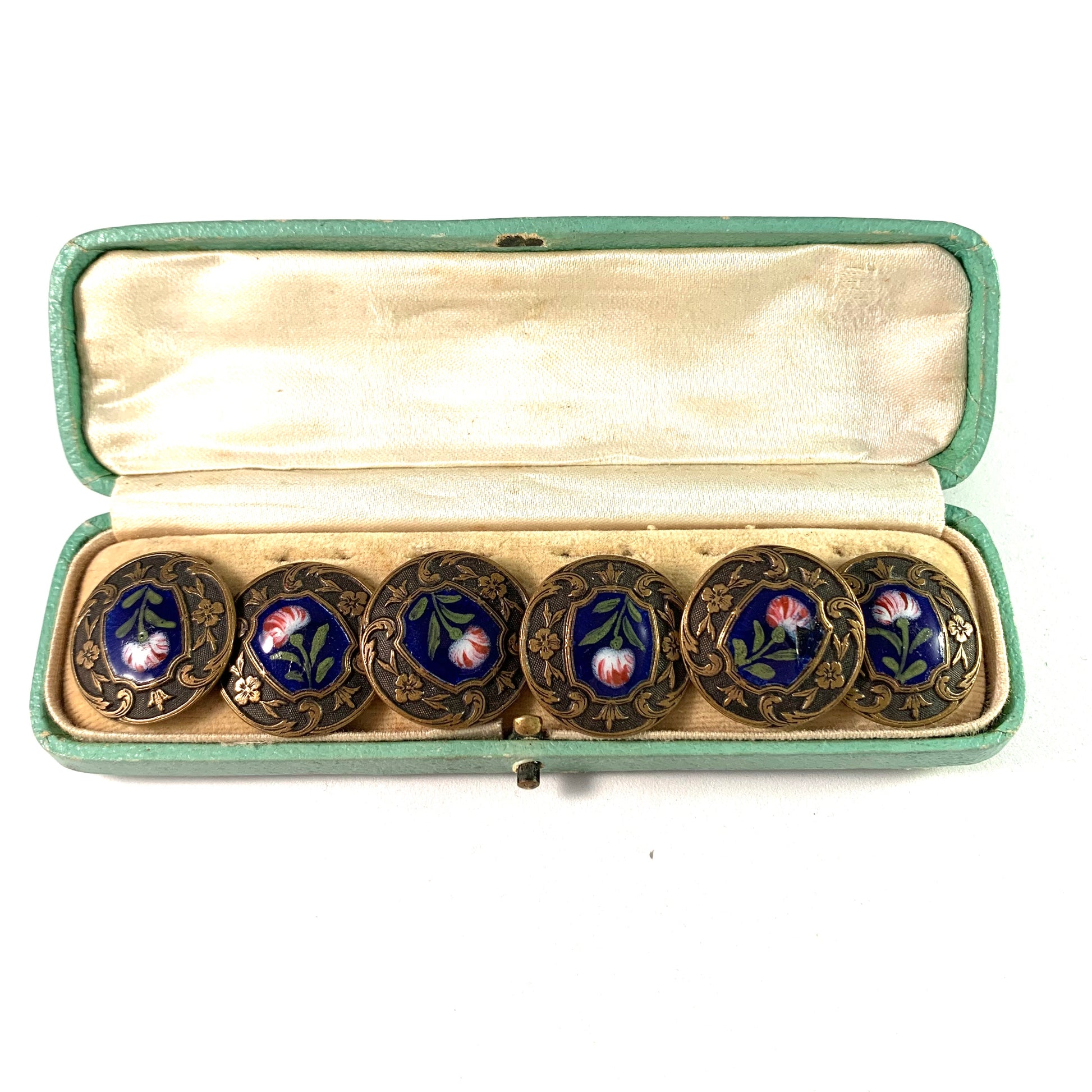 Antique Victorian Bronze Enamel Buttons. Boxed.