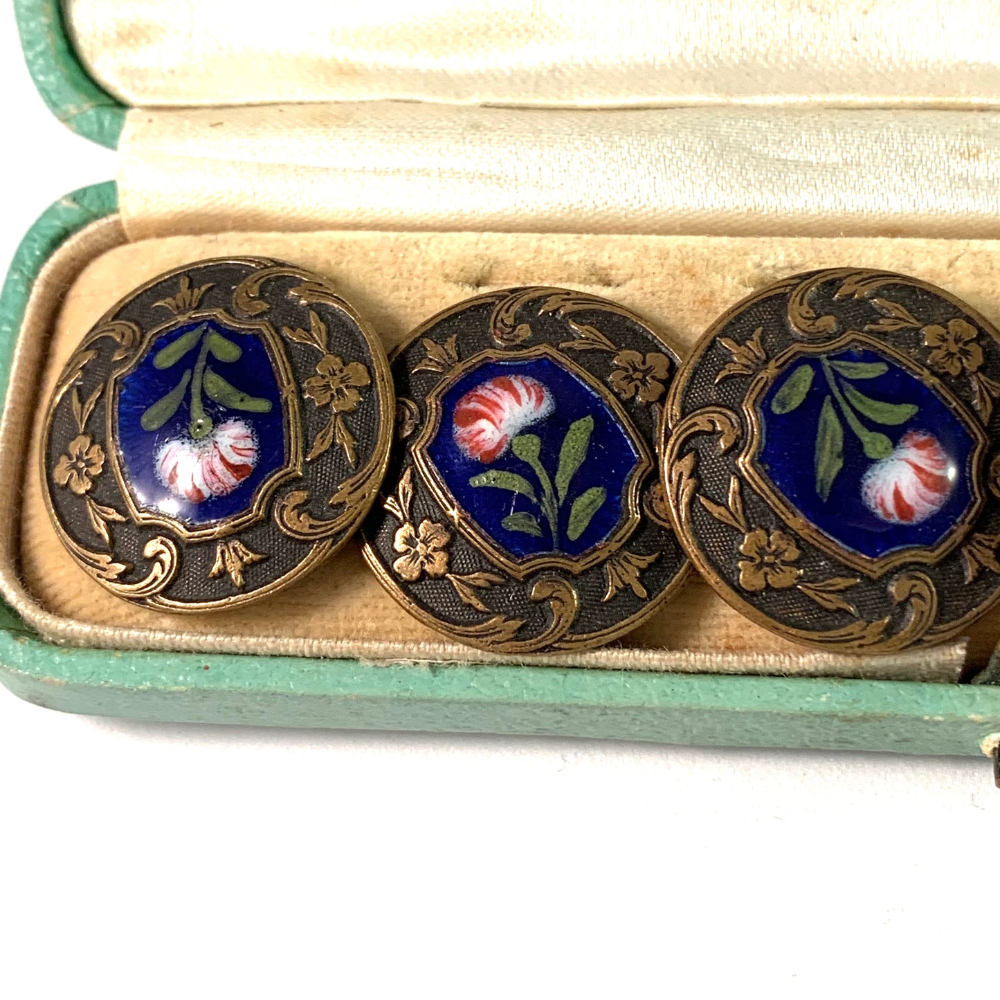 Antique Victorian Bronze Enamel Buttons. Boxed.