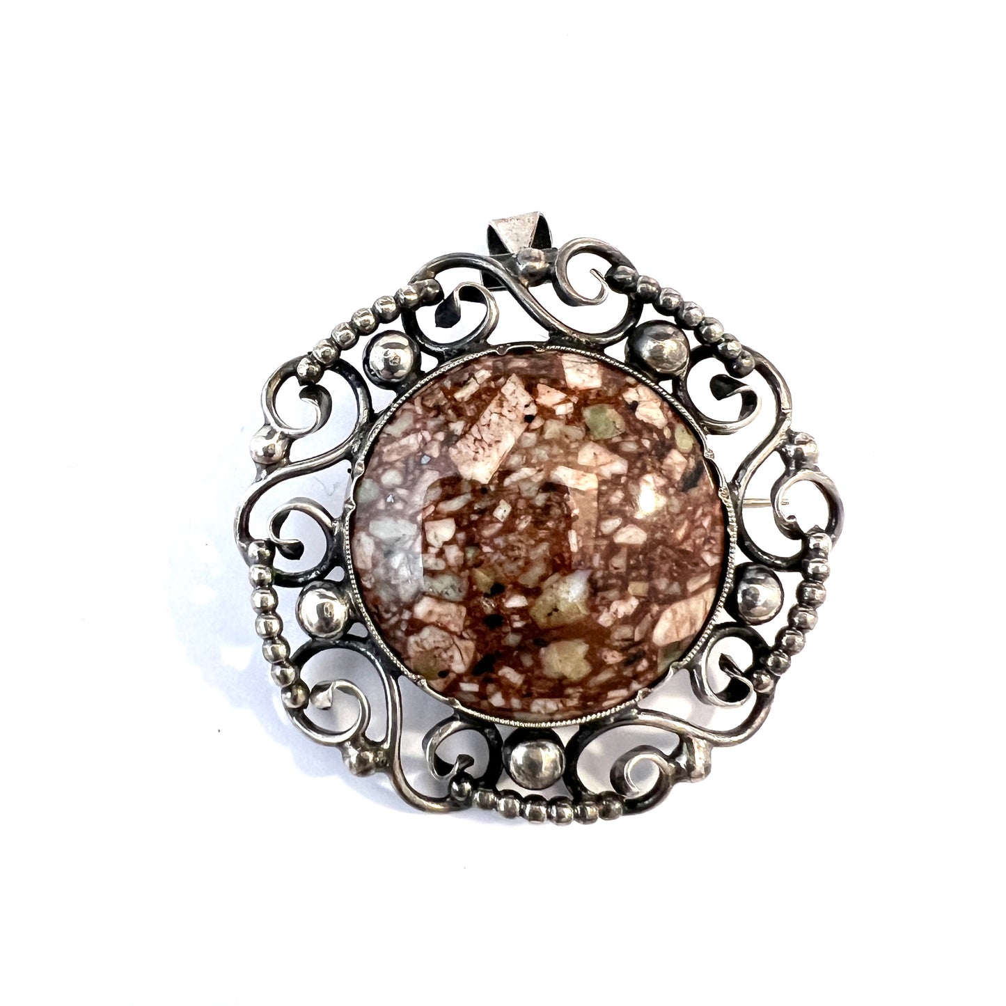 Atelje Ingvar Eng, Sweden 1963. Vintage Sterling Silver Local Porphyry Brooch Pendant.