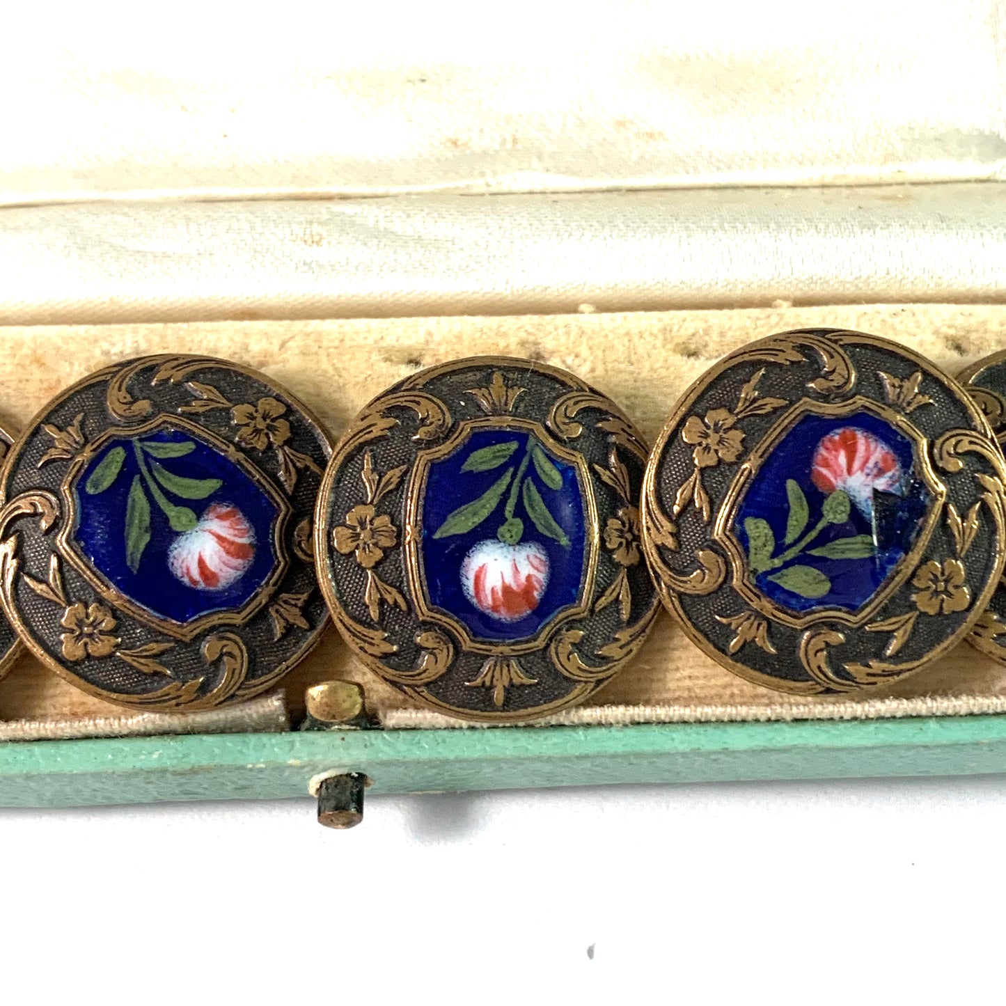 Antique Victorian Bronze Enamel Buttons. Boxed.