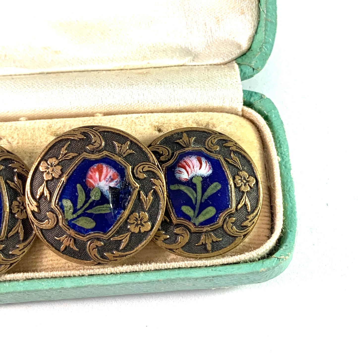 Antique Victorian Bronze Enamel Buttons. Boxed.