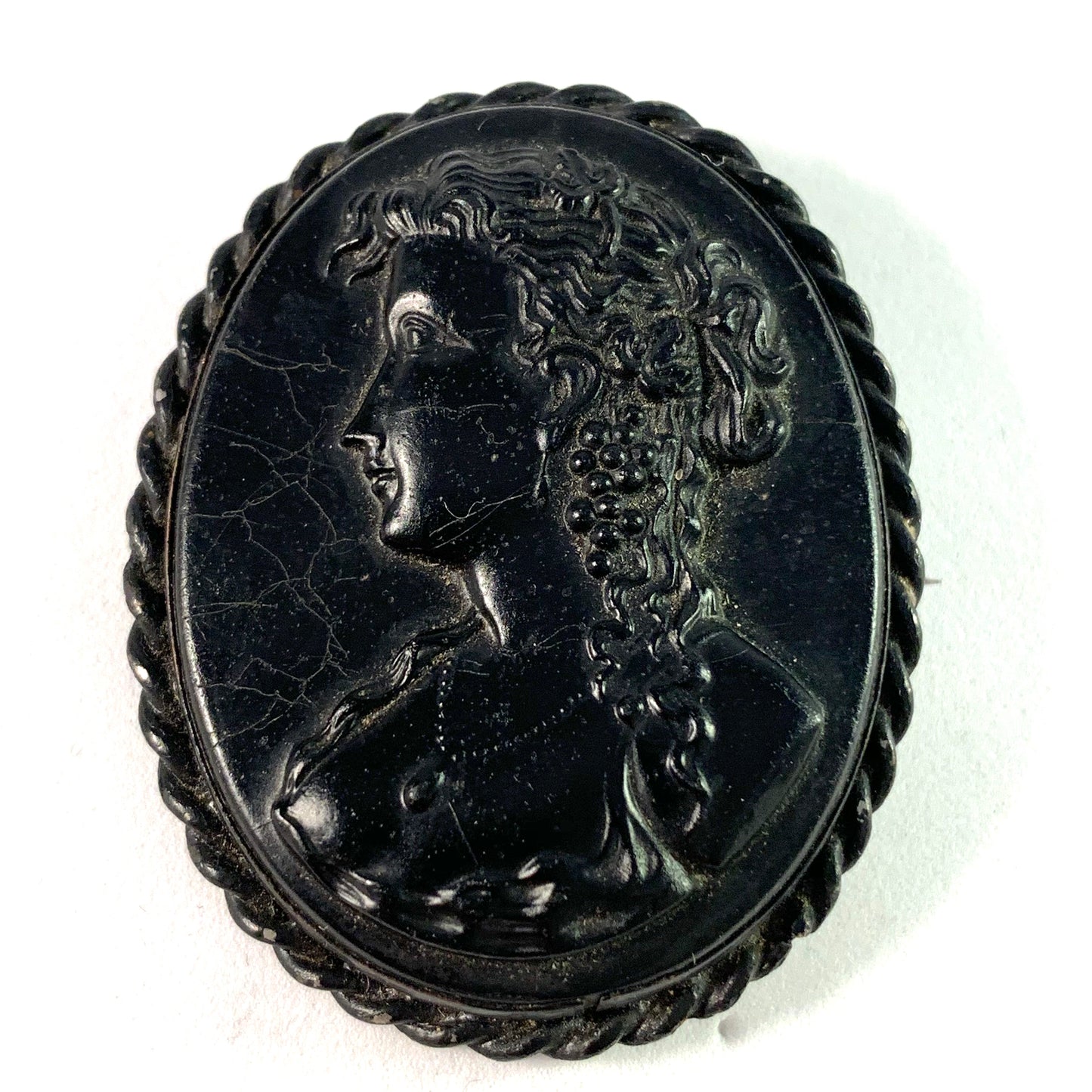 Victorian Antique Jet Cameo Mourning Brooch.