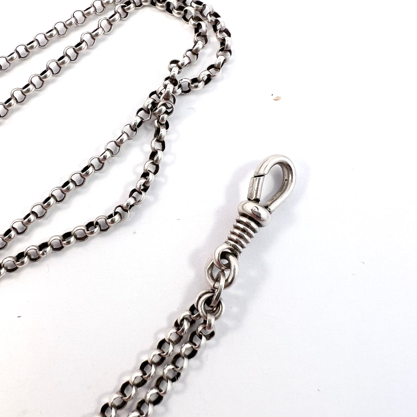 Antique 830 Silver 57" Long Guard Chain Necklace w Dog Clip.