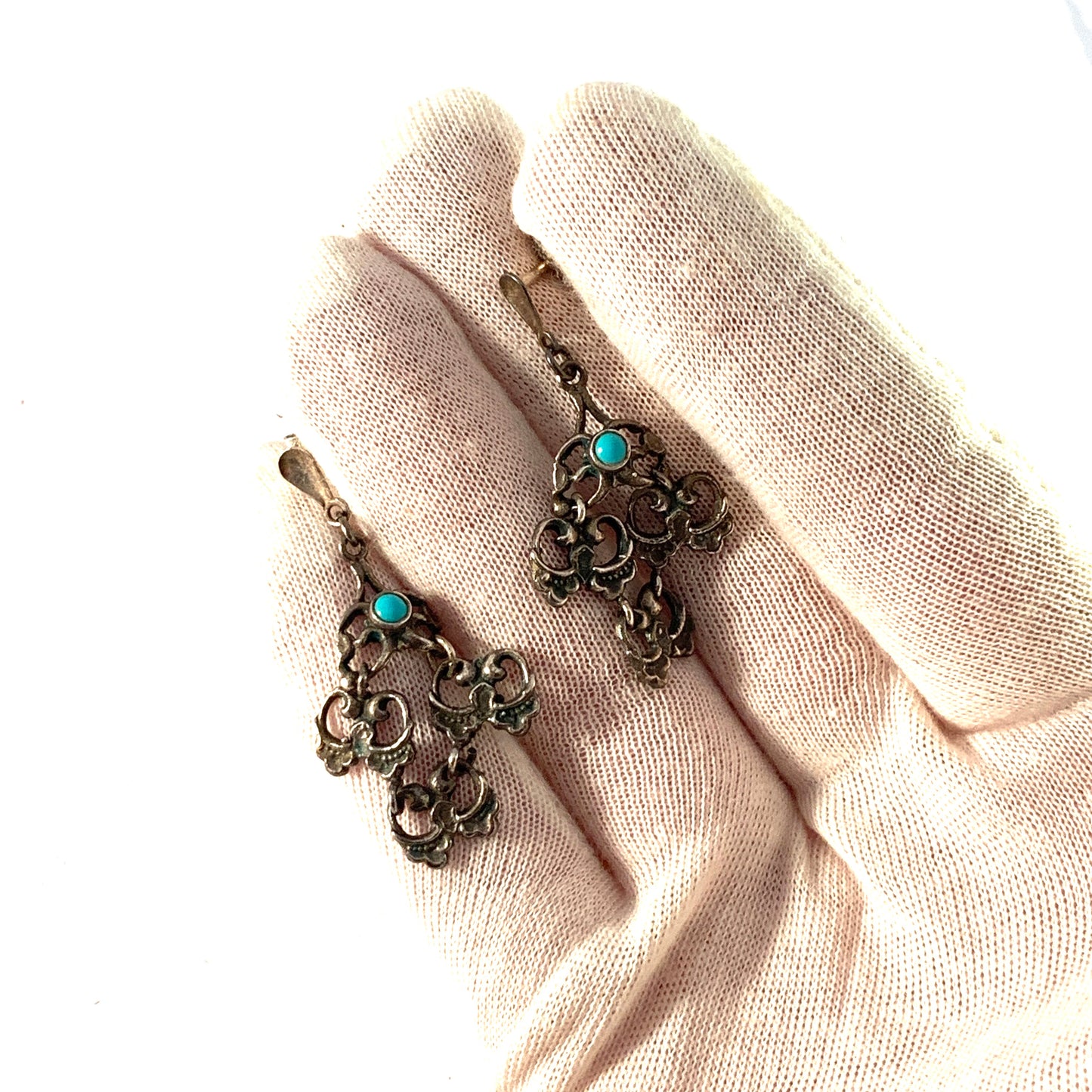 Finland, Vintage c 1950s Solid 830 Silver Turquoise Earrings.