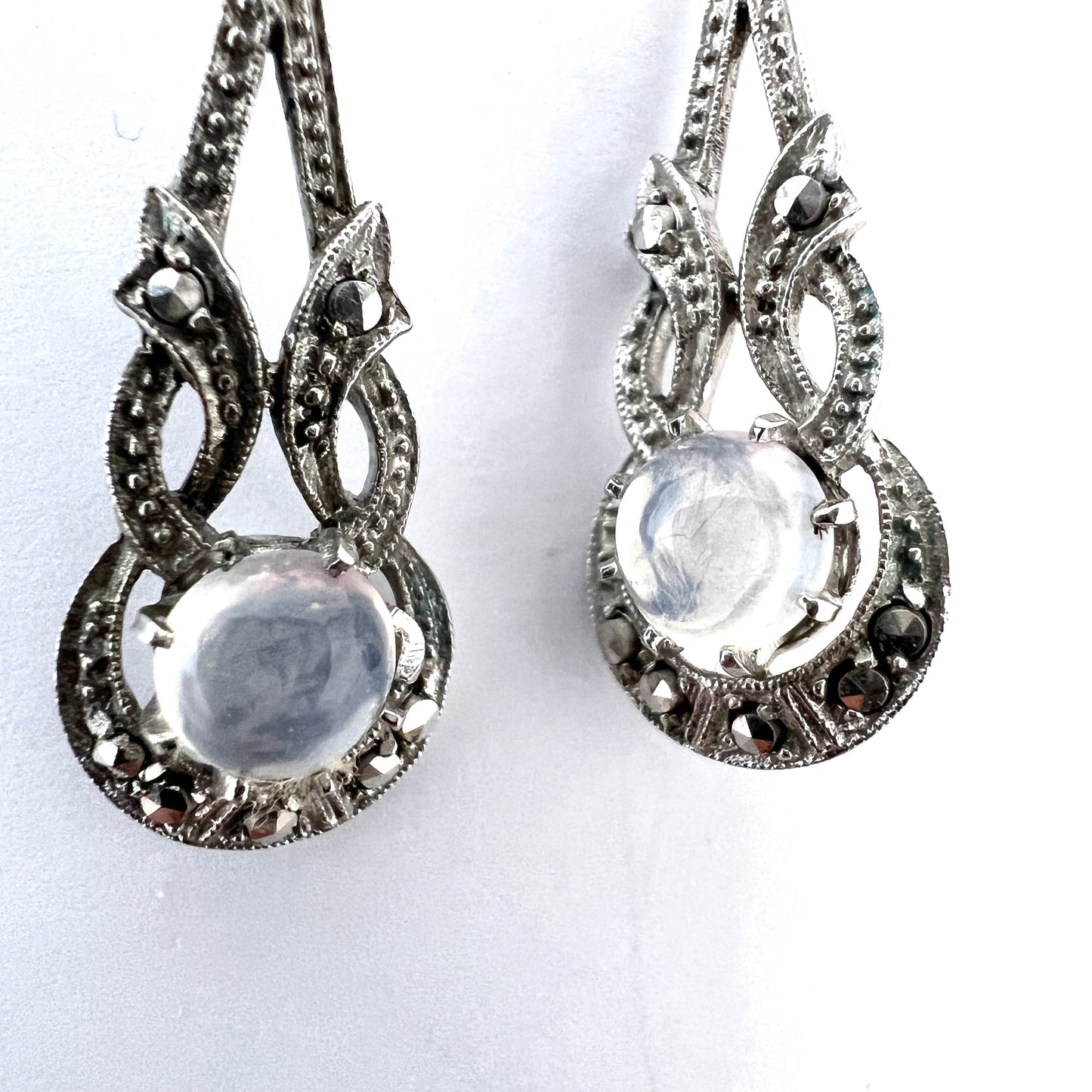 Vintage 1940s. Solid 835 Silver Marcasite Moonstone Earrings.