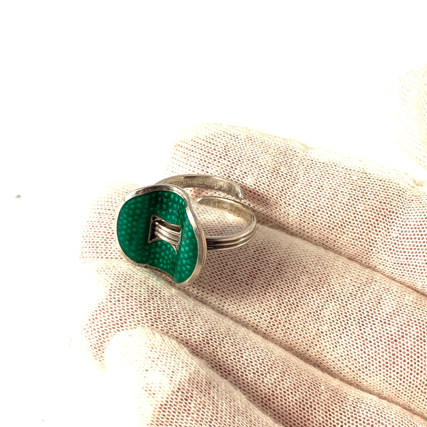 Grete Prytz Kittelsen for J. Tostrup, Norway. Vintage Sterling Silver Green Enamel Ring.