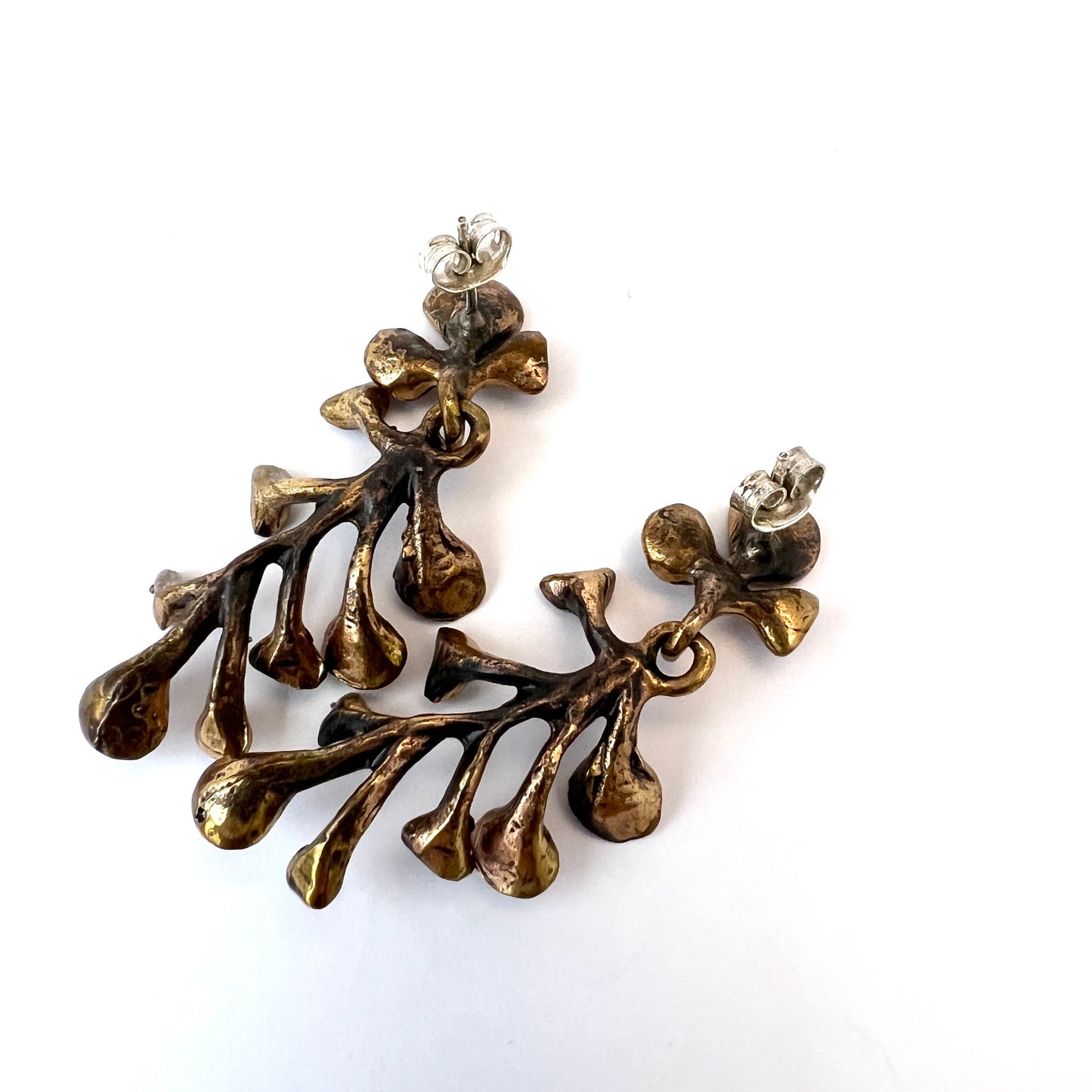 Hannu Ikonen Finland 1970s Large Reindeer Moss Design Bronze Silver Earrings