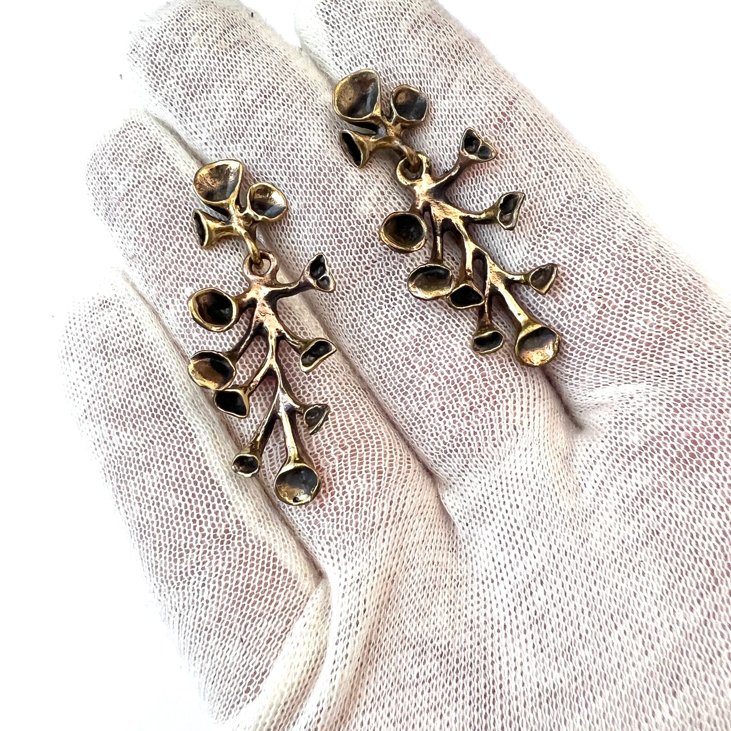 Hannu Ikonen Finland 1970s Large Reindeer Moss Design Bronze Silver Earrings